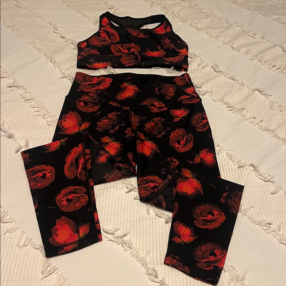 Victoria Sport Red Floral Legging & Sports Bra Set Size L Black Rose Print